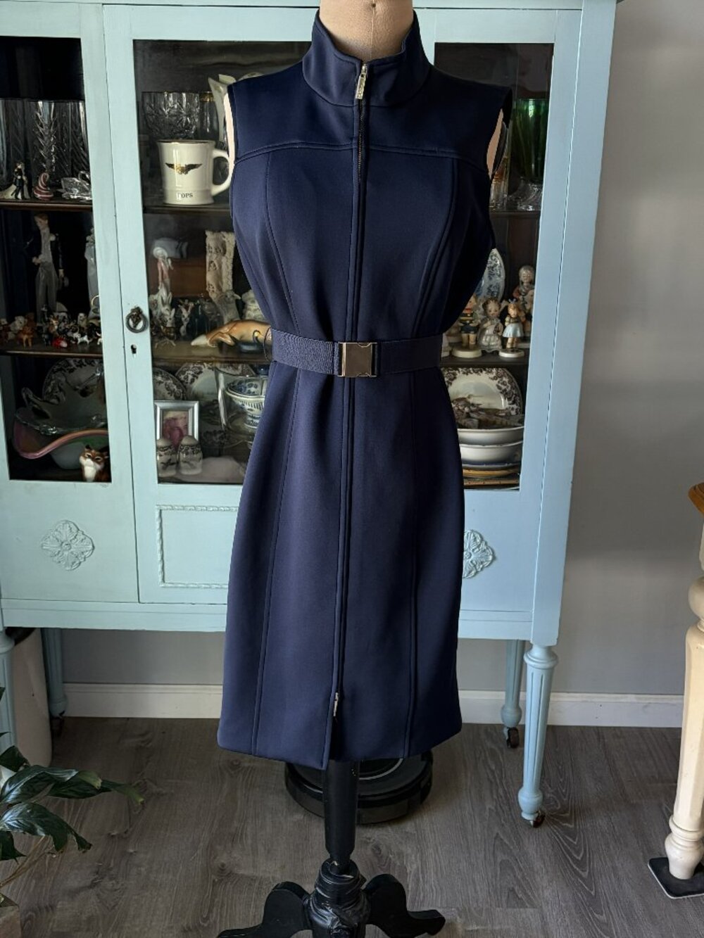 Tommy Hilfiger Dress Sz 12 Sleeveless Belted Full-zip Scuba Dress Navy Blue NWOT